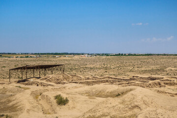 Panorama of the archaeological site of the settlement of Buddhist monks on the Kara-Tepe hill,...