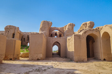 Panorama of Kyr Kyz (Fortress of 40 girls), medieval palace or caravanserai in Termez, Uzbekistan....