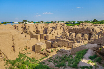 Panorama of Kyr Kyz (Fortress of 40 girls), an early medieval palace or caravanserai in Termez, Uzbekistan. Built in the 9th century. The building was two-storey, with numerous rooms and halls