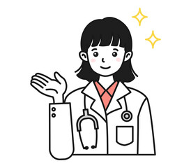 案内や説明をする白衣を着た女性の医師のイラスト素材