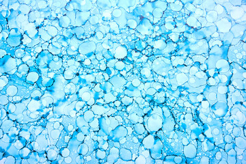Abstract blue paint background. Water bubbles drops stains splashes texture pattern