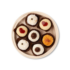 Typical gourmet brazilian brigadeiros, various flavors isolated over white background