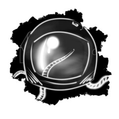 A black and white illustration of a space helmet
