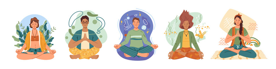 Meditate yoga lotus isolated spiritual woman and man meditating in nature and leaves. Concept illustration for meditation and relax, recreation, healthy lifestyle. Vector in flat cartoon style