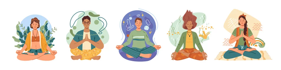 Foto op Canvas Meditate yoga lotus isolated spiritual woman and man meditating in nature and leaves. Concept illustration for meditation and relax, recreation, healthy lifestyle. Vector in flat cartoon style © Sensvector