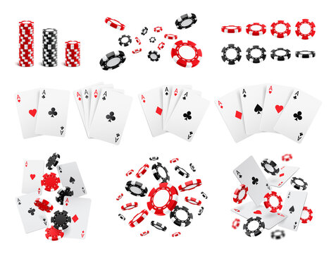 Playing card and casino chips poker game elements in 3D realistic design set. Vector aces hearts and spades, clubs and diamonds. Leisure hobby entertainment gambling game objects, red and black suits