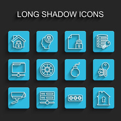 Set line Security camera, Server, Data, Web Hosting, House under protection, Password, Safe, Cryptocurrency key and Bomb ready explode icon. Vector