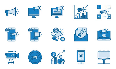 Advertising Promotion Icons Blue Line Vector Illustration, Megaphone, Marketing, Promo