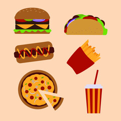 Hamburger Hotdog Pizza Sandwich Fries Fast Food Vector Design Illustration Set