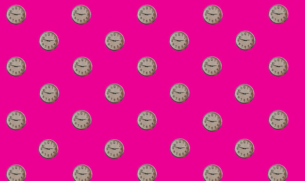 Top veiw, Collection set white wall clock isolated on pink  background for design or stock photo, clock telling time, advertising, product
