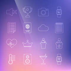 Set line Smartwatch with wireless, Information desk, Notebook, Photo camera, Passport, Document, Speaker mute and Cloud icon. Vector