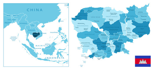 Cambodia - highly detailed blue map.