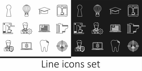 Set line Head hunting, Camera film roll cartridge, Graduation cap, Profile settings, Coffee machine and cup, Keyhole, Laptop with resume and Hot air balloon icon. Vector