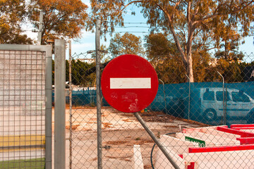 Stop sign of construction building. Background of stop sign with copy space.