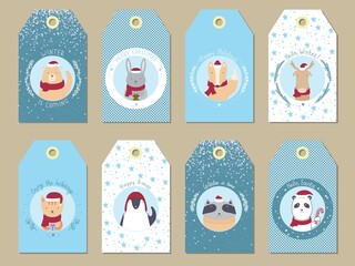 Collection of festive winter labels for gifts with images of forest animals. Tags template
