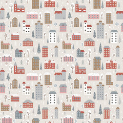 Winter seamless pattern with cute houses, fir trees and snowmen.