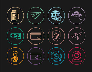 Set line Web camera, Plane, Globe with flying plane, Credit card, Cash back, POS terminal, Waterproof and Paper icon. Vector