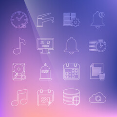 Fototapeta na wymiar Set line Cloud sync refresh, Delete file document, Stopwatch, Server setting, Dead monitor, Music note, tone, Clock 24 hours and Ringing bell icon. Vector