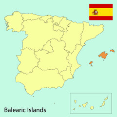 spain map with provinces, balearic islands, vector illustration 