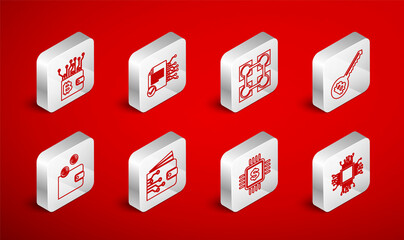 Set line Processor, Smart contract, Blockchain technology, Cryptocurrency key, chip with dollar, wallet, and icon. Vector