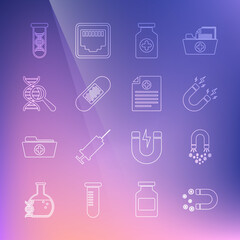 Set line Magnet with money, lightning, Medicine bottle, Bandage plaster, DNA research, search, and Clinical record icon. Vector