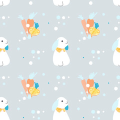 Vector children's seamless
pattern with cute bunny with vegetables.
Suitable for backgrounds, wallpapers, wrapping paper, fabrics, textiles
