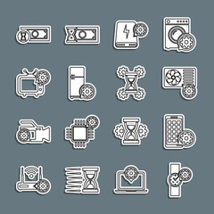 Set line Wrist watch setting, Mobile Apps, Air conditioner, Power bank, Refrigerator, Tv, Fast payments and Hourglass icon. Vector
