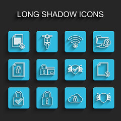 Set line Lock and check mark, Document lock, Cloud computing, Cyber security, Credit card with, and icon. Vector