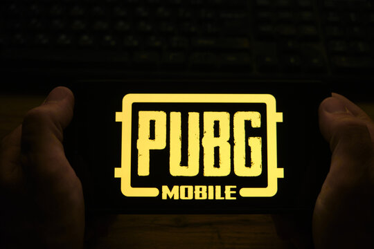 Kostanay, Kazakhstan, November 01, 2021.In the hands of a mobile phone with the logo of the popular mobile game PUBG.