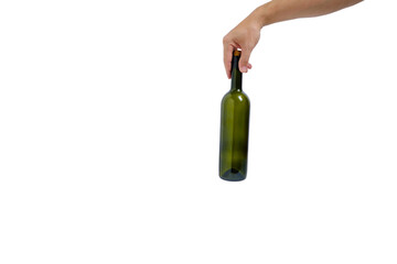 Empty, green, glass wine bottle in hand on a white background, isolate.