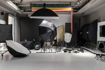 Interior of a modern photo studio. Technics and equipment