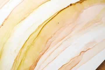 Abstract ocher watercolor on white background. Yellow orange brown paint stains and spots in water,...