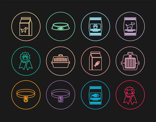 Set line Cat award symbol, Pet carry case, Bag of food for pet, dog, cat and bowl icon. Vector