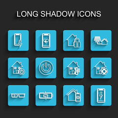 Set line Smart glasses, Battery, Mobile charging battery, home remote control system, Power button, and House temperature icon. Vector