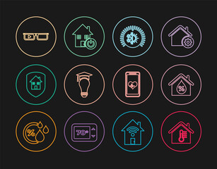 Set line House temperature, humidity, Thermostat, Light bulb and graduation cap, under protection, Smart glasses, Mobile with heart rate and home icon. Vector
