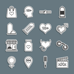 Set line Movie clapper with Sex, Sexy fluffy handcuffs, Male gender heart, Silicone ball gag, Condom safe sex, Condoms, Shopping bag and 18 plus content icon. Vector