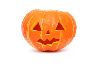 Halloween pumpkin, vibrant orange halloween pumpkin with scary face isolated on white