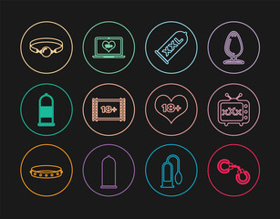 Set line Sexy fluffy handcuffs, tv old television, Condom safe sex, Play Video with 18 plus, Silicone ball gag, content heart and Laptop icon. Vector