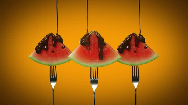 Liquid chocolate watermelon slices dessert forks