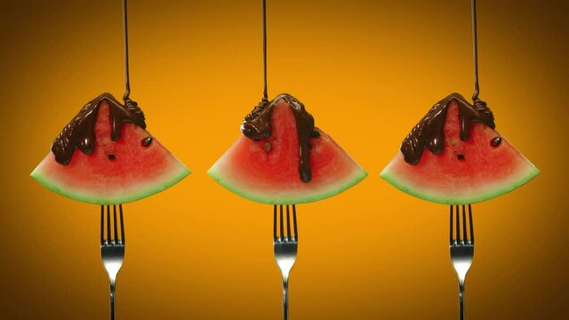 Chocolate sauce pouring over watermelon slices