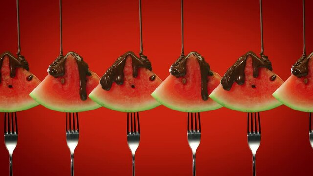 Chocolate sauce pouring over watermelon slices