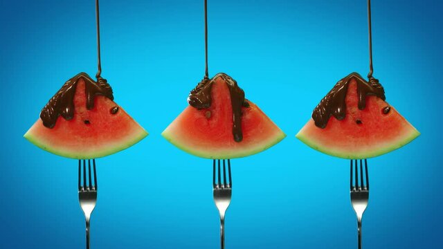Liquid chocolate watermelon slices on blue