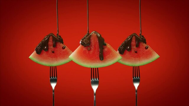 Chocolate sauce pouring over watermelon slices