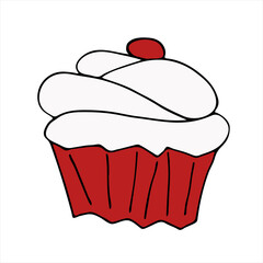 Hand-drawn vector illustration with a cupcake in red paper. Doodle style. Cupcake with cream and wrapped. Dessert for the holiday.