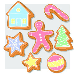 A set of gingerbread cookies. Colored vector drawings. Suitable for patterning, postcards and packaging.