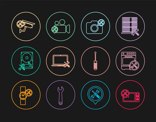 Set line Microwave oven service, Oven, Photo camera, Laptop, Hard disk drive, Security, Screwdriver and Video icon. Vector