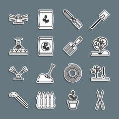 Set line Gardening handmade scissor, Planting tree the ground, Fertilizer bag, Automatic irrigation sprinklers, and fork icon. Vector