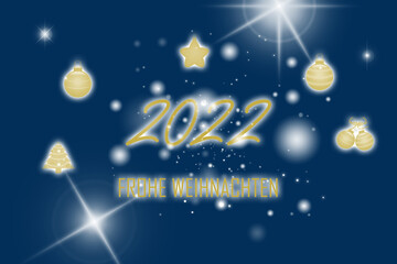 Obraz na płótnie Canvas Grußkarte oder Banner mit 2022 Frohe Weihnachten und einigen hellen Sternen und goldenen Kugeln am Christbaum