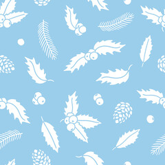 Seamless pattern with winter christmas branch leaves and berries silhouette on blue background vector illustration