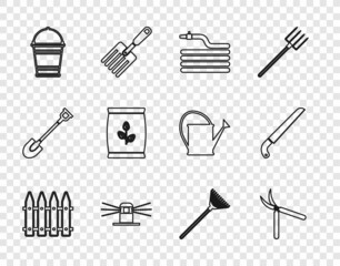 Set line Garden fence, Gardening handmade scissor, hose fire hose, Automatic irrigation sprinklers, Bucket, Fertilizer bag, rake for leaves and saw icon. Vector